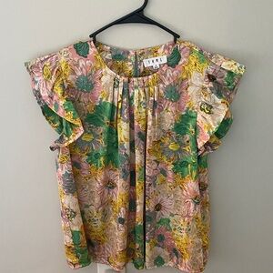 THML Floral Ruffle Sleeve Blouse - Green and Pink